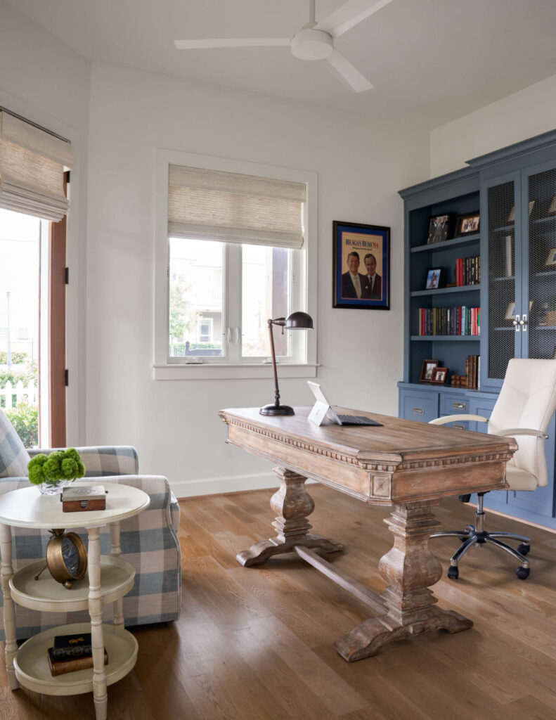 custom office blue bookshelves - custom homes in dfw area - Nixon custom homes - office