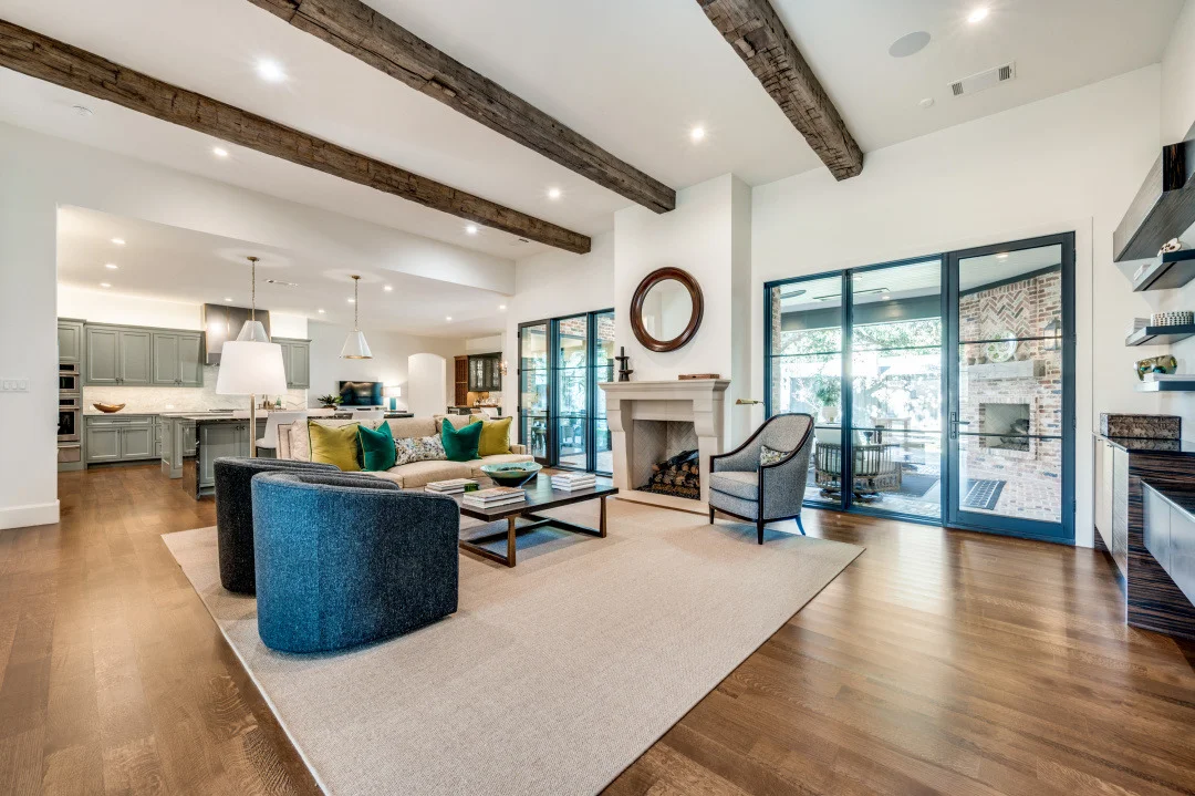 Living room with exposed beams