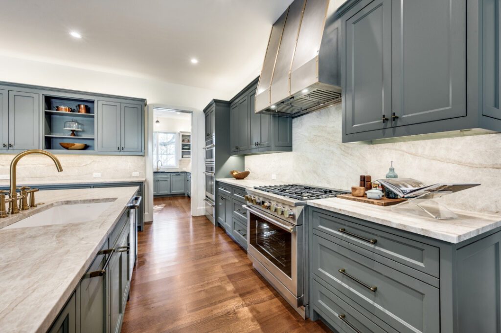 kitchen range with blue cabinetry
